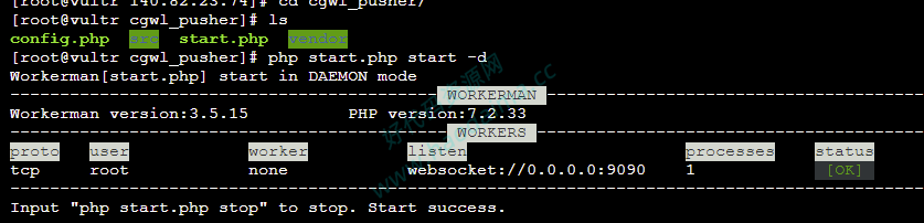 php开发的在线客服系统的websocket启动成功的界面